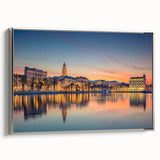 Landscape art painting of a Croatian coastal scene on a framed canvas, featuring vibrant blues and greens.