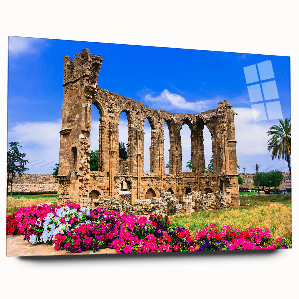 Large abstract wall art of a European Cyprus landscape in muted blue and green tones, printed on acrylic glass.