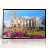 Large abstract wall art depicting a European Cyprus scenery in muted earth tones on a framed acrylic.