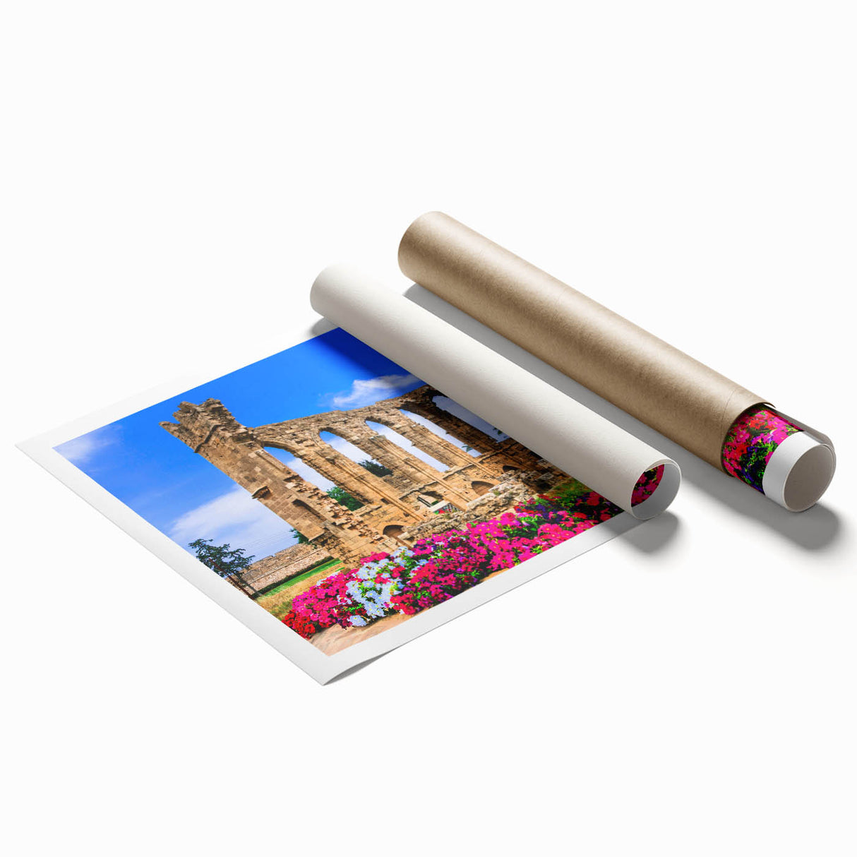 Extra large rolled print of a serene Cyprus landscape with soft floral elements in muted colors.
