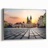 Framed canvas of Prague landscape art painting, featuring a vintage poster style with colorful and black elements.