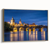 Framed canvas wall art depicting a vintage-style Czech Republic landscape in black and gold, ideal for bedroom decor.