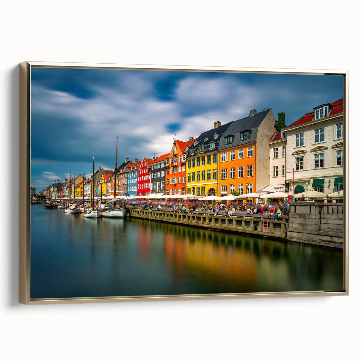 Framed canvas of a vintage Danish landscape painting in muted gold and black tones, ideal for bedroom wall decor.
