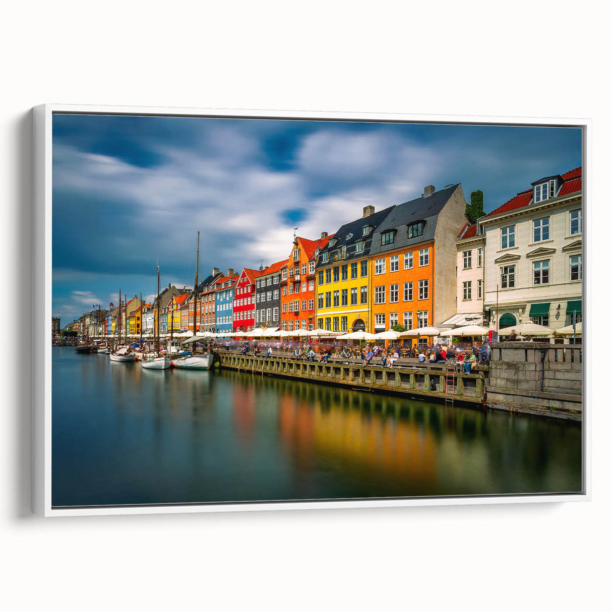 Vintage poster art of a European Denmark scenery in colorful hues on a large framed canvas, ideal for living room decor.