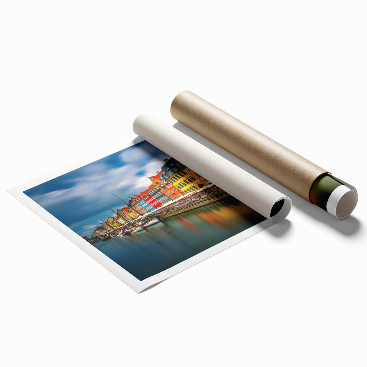 Extra large rolled print of a Danish landscape, featuring muted green and blue tones, ideal for classy bathroom wall art.