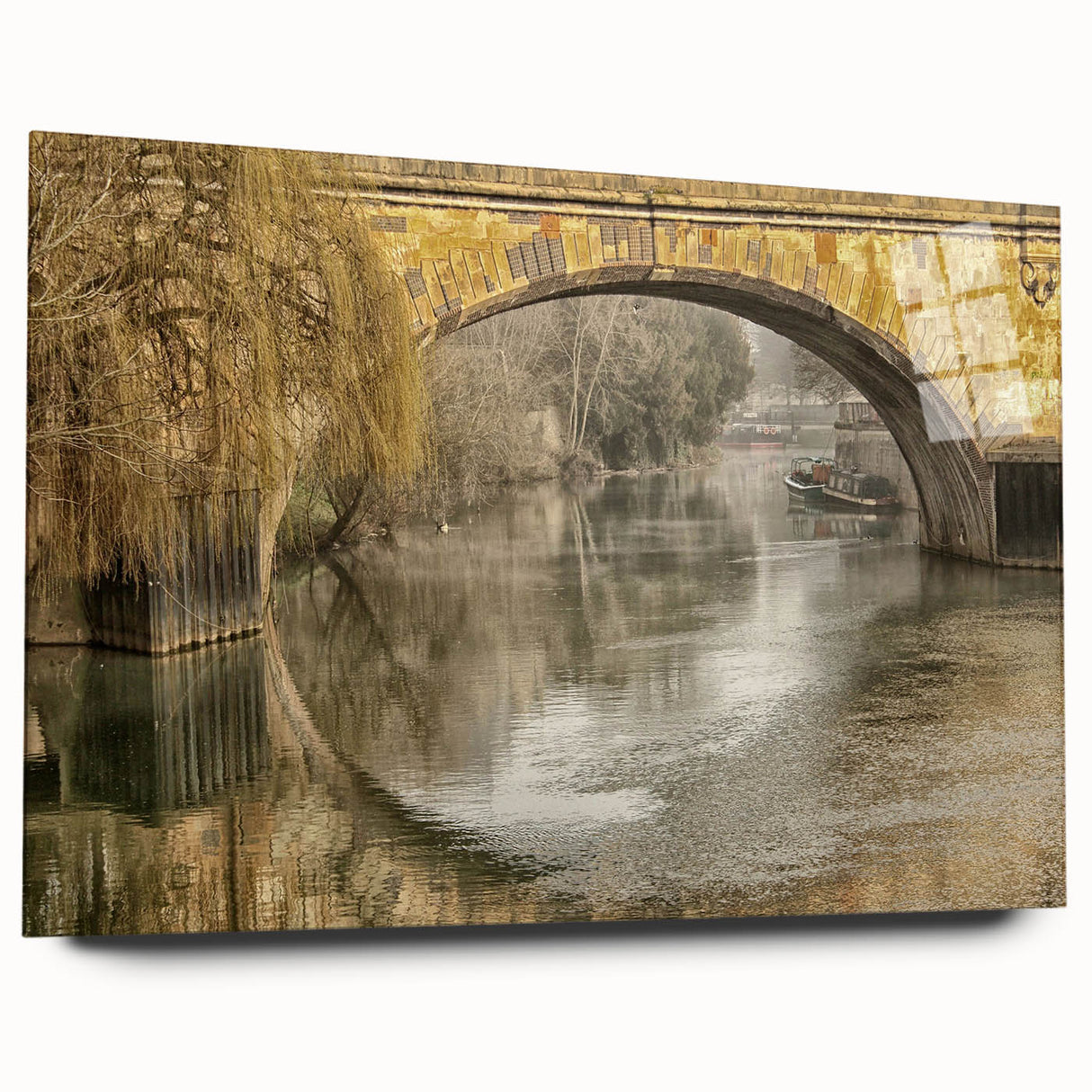 Large abstract wall art depicting a serene European landscape in muted earth tones on acrylic glass.