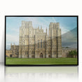 Large abstract wall art depicting Oxford's architecture in muted gray and blue tones, acrylic print framed in black.