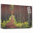 Acrylic print of a large abstract depiction of a European scenery in muted blues and greens.