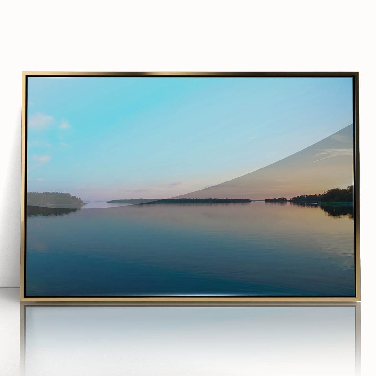 Art deco poster of a Finnish landscape in muted gold and blue tones on framed acrylic, ideal for modern art wall decor.