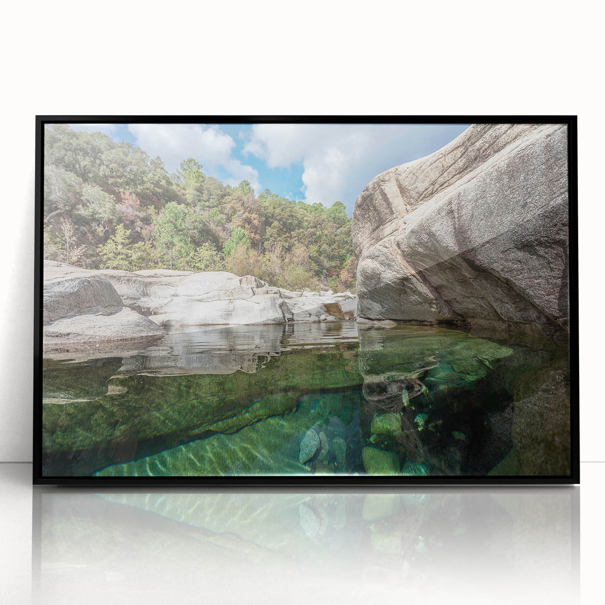Large abstract wall art featuring a minimalist Corsican landscape in muted earth tones, framed in black acrylic.