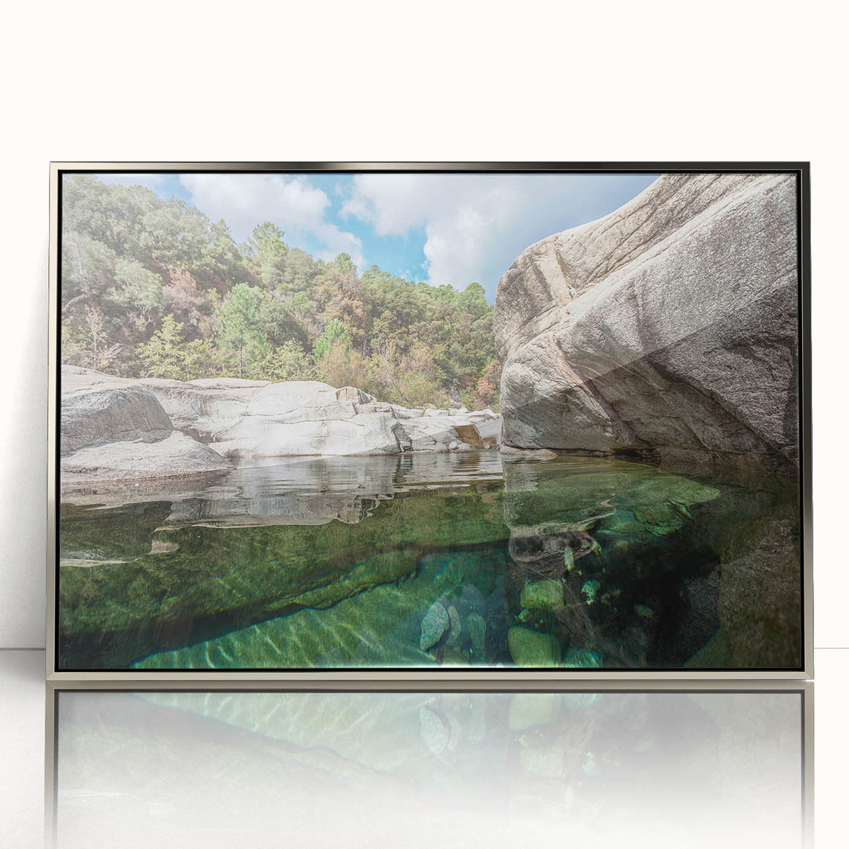 Large art print of a Corsican landscape in muted earth tones on a silver-framed acrylic, suitable for modern art wall decor.
