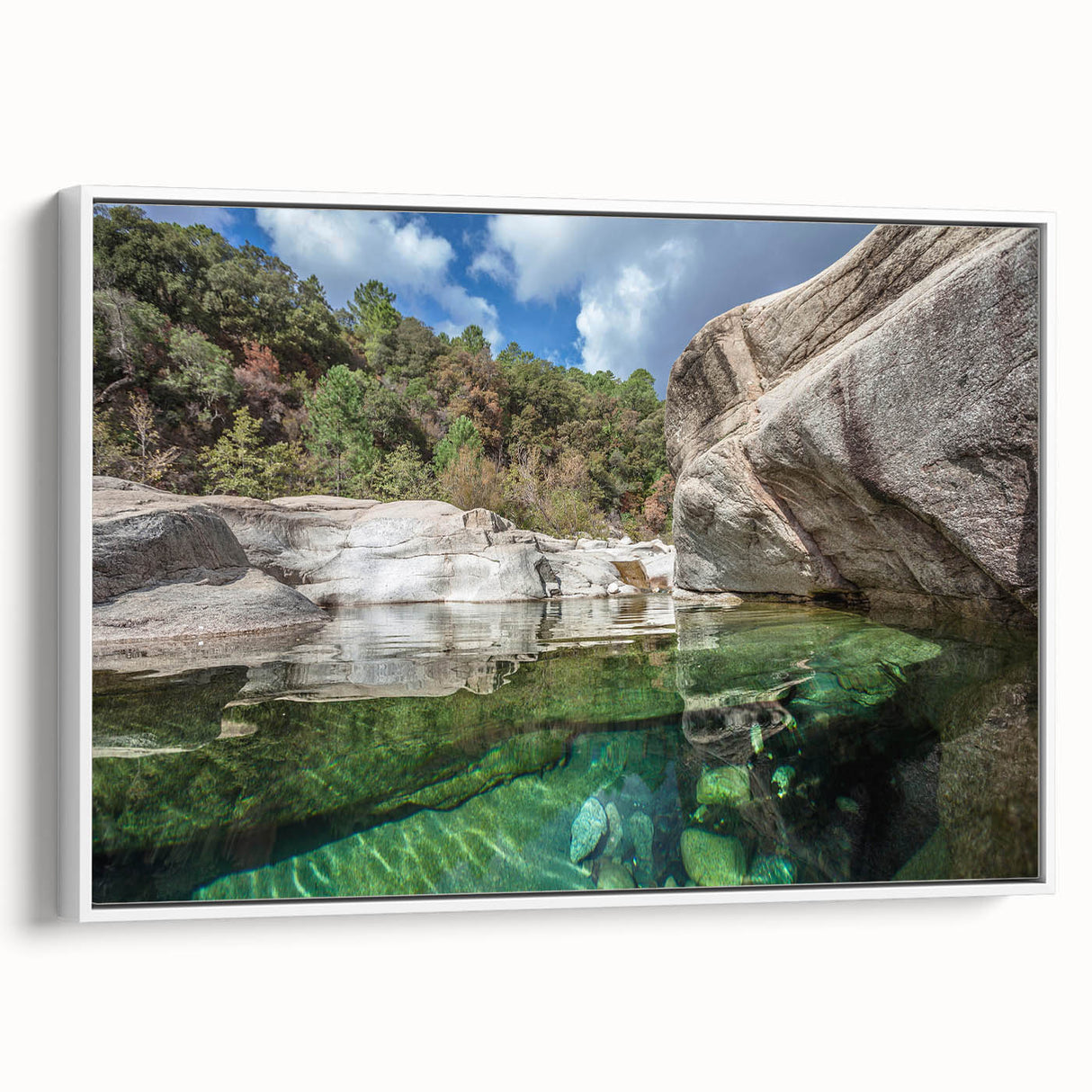 Vintage poster art of a Corsican landscape on framed canvas, featuring colorful art in extra large format.