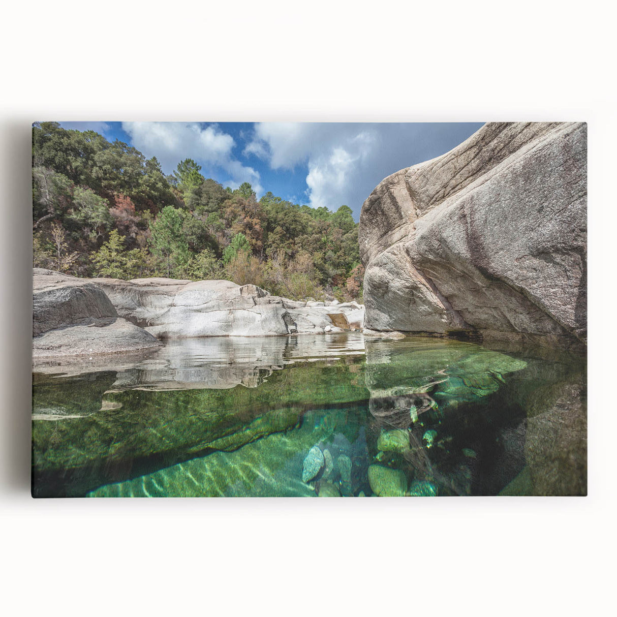 Black and white photograph of a Corsican landscape on stretched canvas, ideal for kitchen wall art or bedroom ambiance.