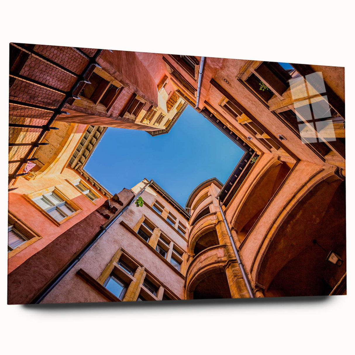 Large abstract depiction of Lyon, France in muted earth tones on acrylic glass, ideal for bedroom or dining room art.