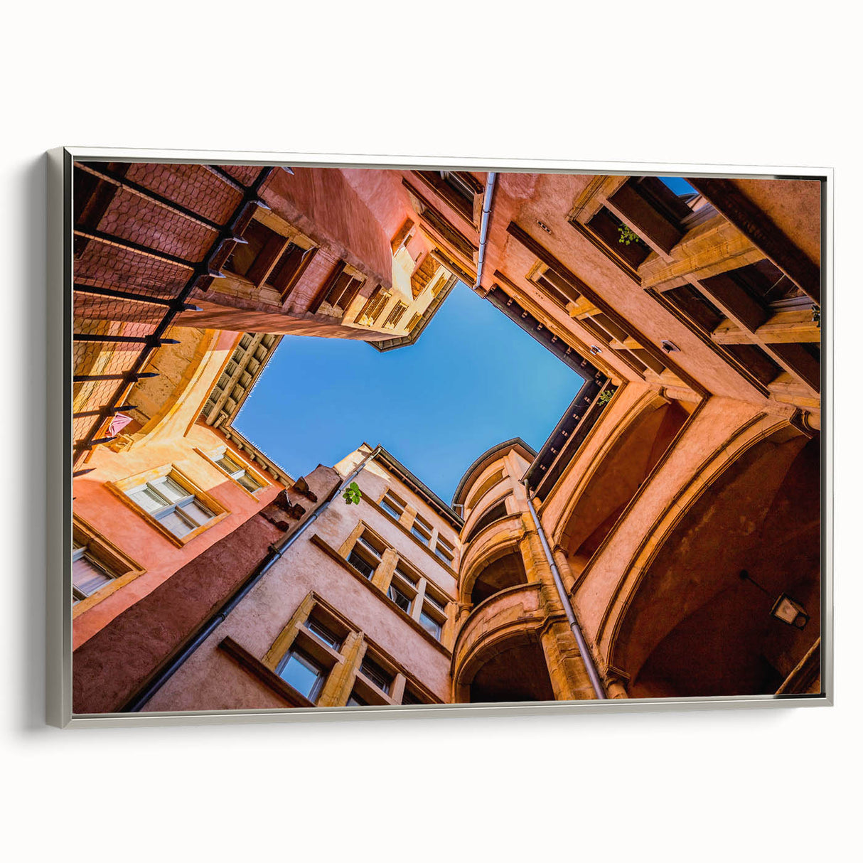 Landscape art painting of Lyon with colorful vintage poster style on framed canvas, ideal for living room decor.