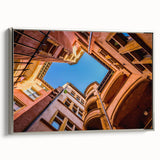 Landscape art painting of Lyon with colorful vintage poster style on framed canvas, ideal for living room decor.
