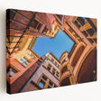 Side view of a stretched canvas featuring a detailed Lyon scenery in natural and earthy tones, suitable for kitchen wall art.