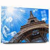 Acrylic print of a Parisian scene in muted gray and blue tones, ideal for bedroom or dining room art.