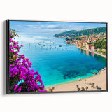 Black and white wall art featuring a vintage poster-style landscape of Southern France on a framed canvas.