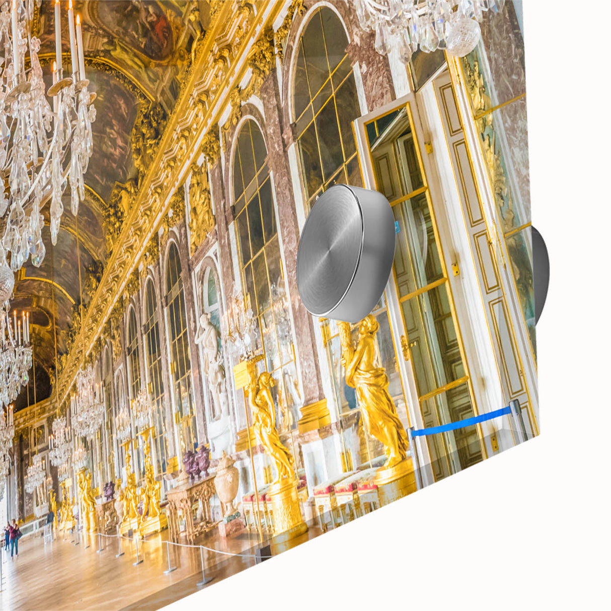 Large abstract wall art depicting the Versailles scenery in muted pastel shades on acrylic glass, ideal for dining room art.