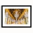 Extra large abstract art print of a colorful, textured depiction of the Versailles scenery, in a black frame with mat.