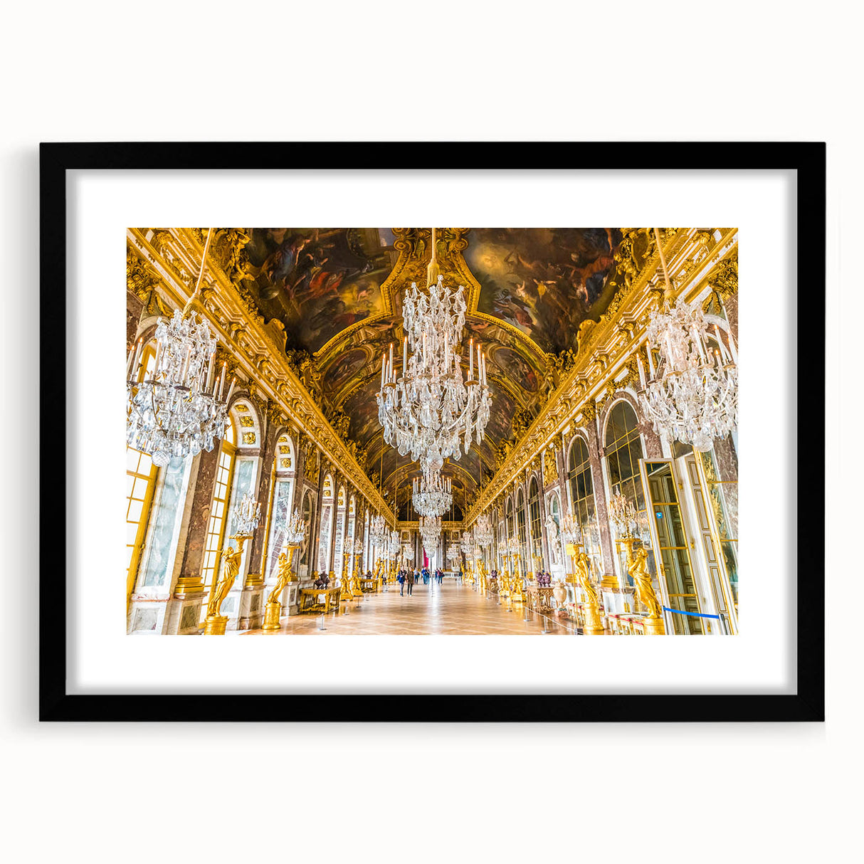 Extra large abstract art print of a colorful, textured depiction of the Versailles scenery, in a black frame with mat.