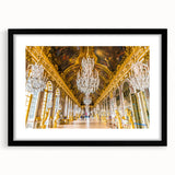 Extra large abstract art print of a colorful, textured depiction of the Versailles scenery, in a black frame with mat.