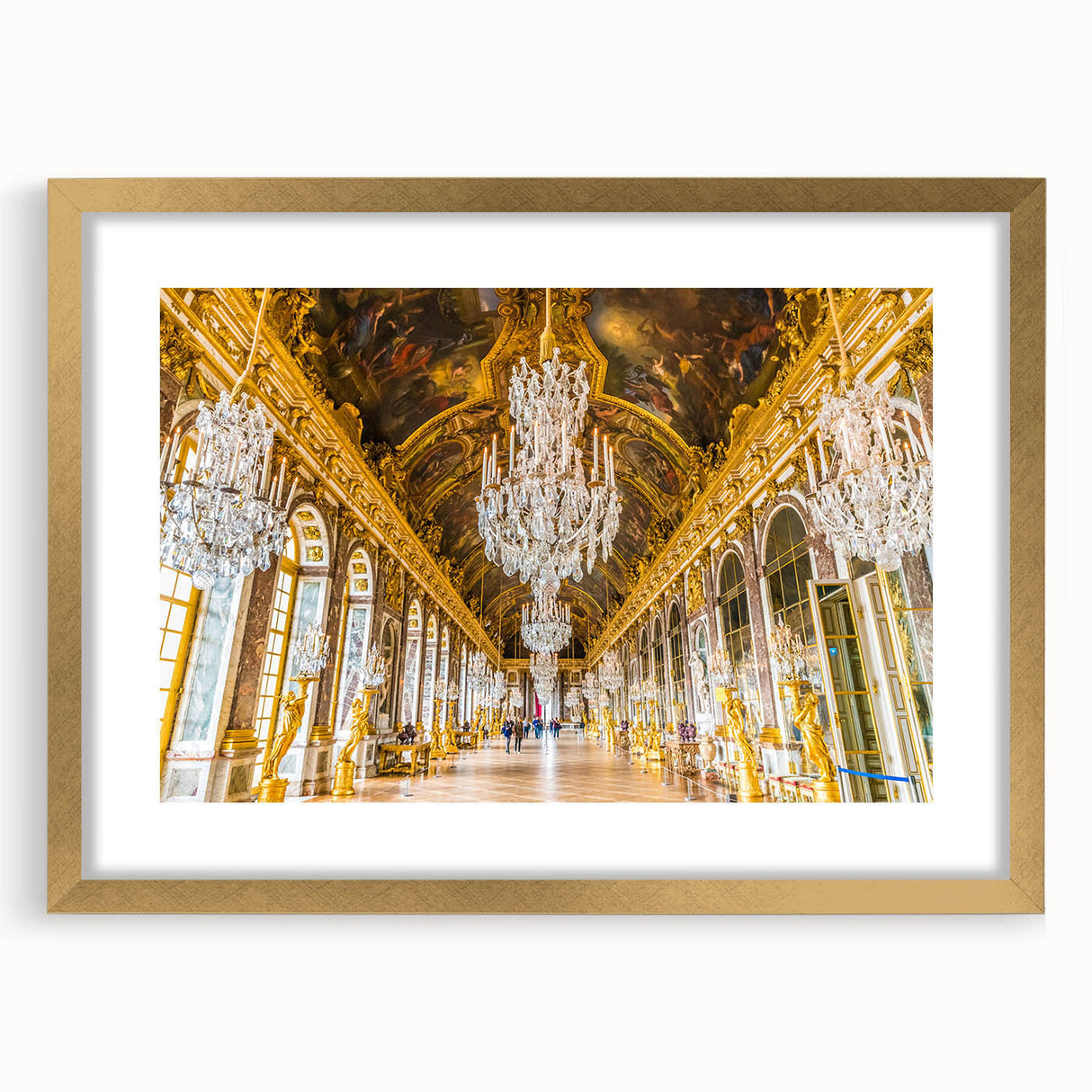 Abstract art print of Versailles scenery in muted gold and green tones on a framed canvas, suitable for dining room decor.