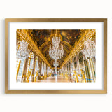 Abstract art print of Versailles scenery in muted gold and green tones on a framed canvas, suitable for dining room decor.