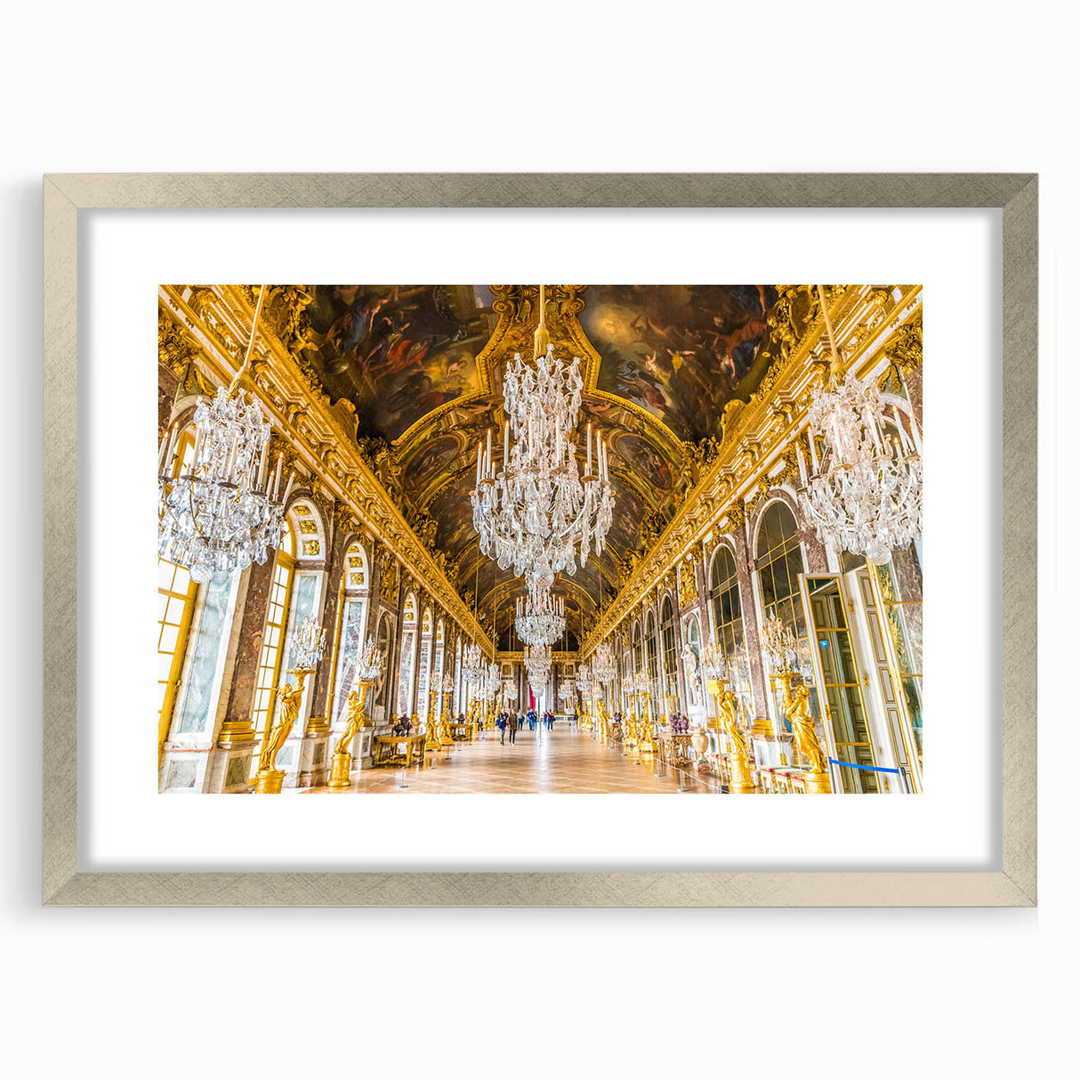Extra large abstract print of Versailles scenery in silver frame, featuring a textured look with muted earth tones.