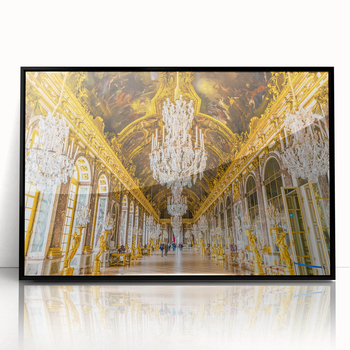 Large abstract wall art depicting a modern interpretation of Versailles in muted green and blue tones.