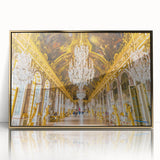 Art deco poster of Versailles scenery in gold and blue tones, acrylic framed, suitable for modern art wall decor.