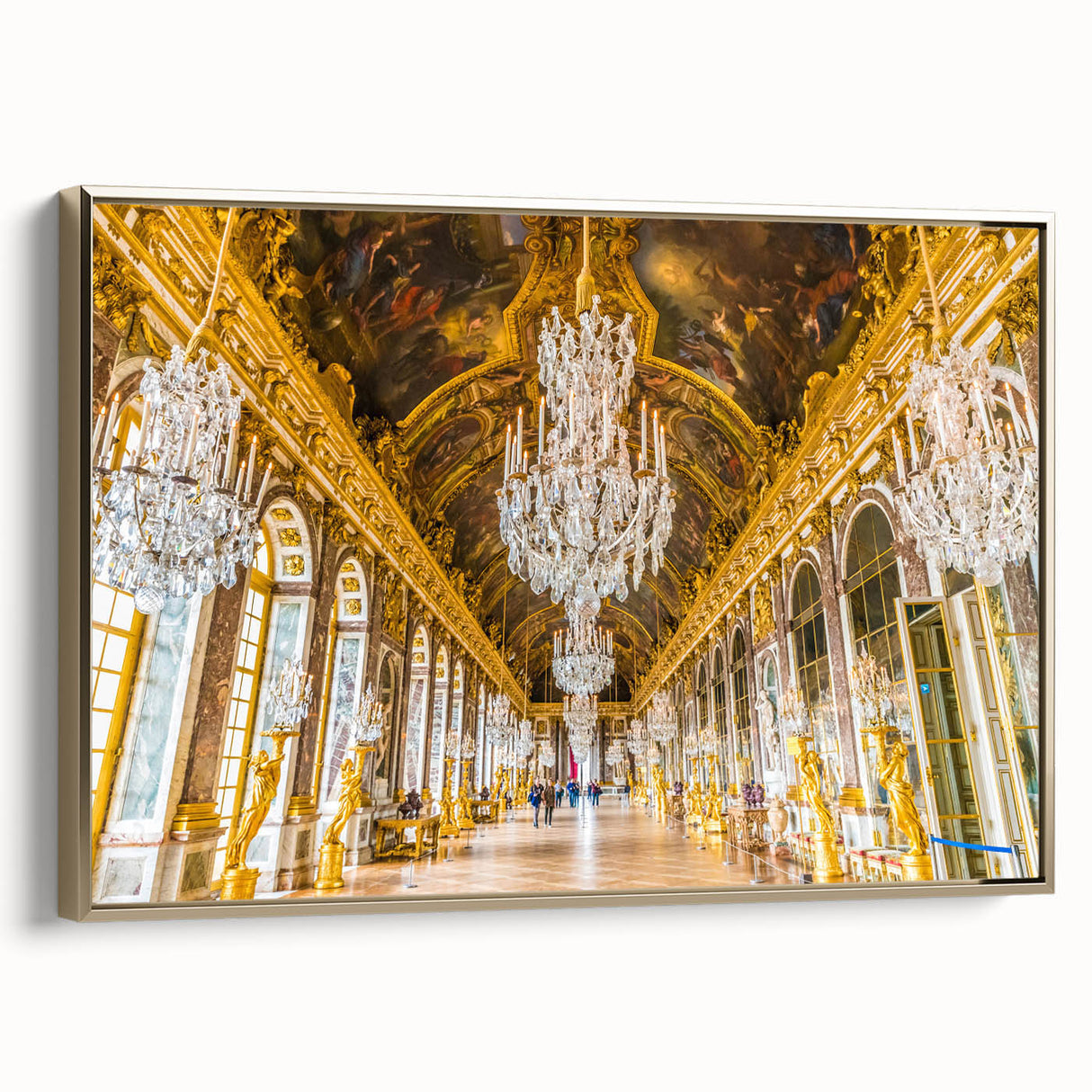Framed canvas of a vintage-style landscape painting featuring the Versailles gardens, in muted gold and black tones.