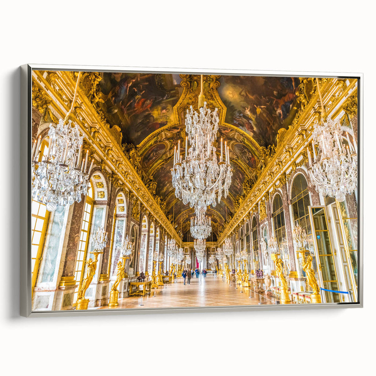 Framed canvas depicting a vintage-style landscape of Versailles in muted colors.