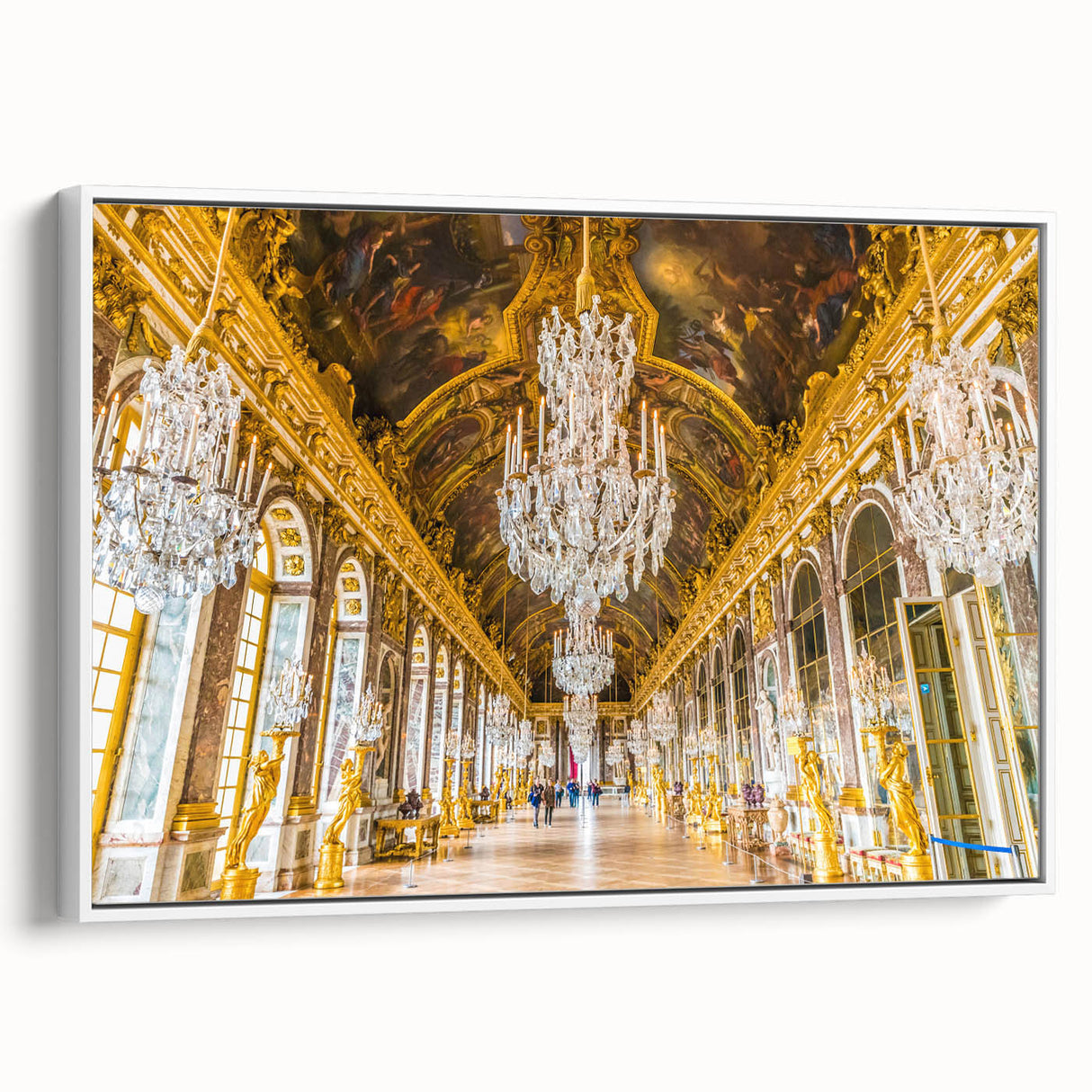 Vintage poster art of Versailles in a white framed canvas, featuring a black and colorful palette.