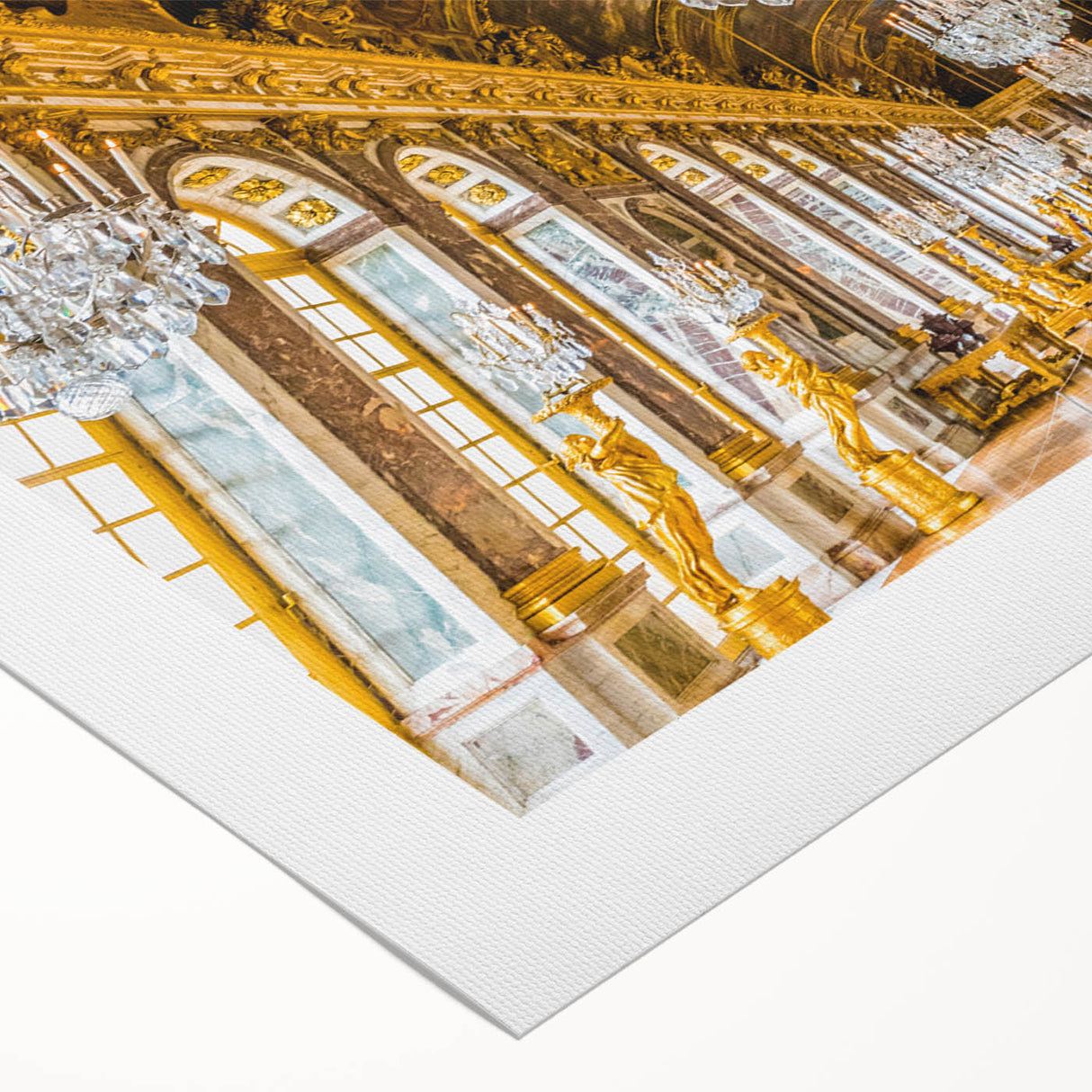 Art deco poster of Versailles scenery in muted gold and blue tones on rolled canvas, suitable for dining room wall art.