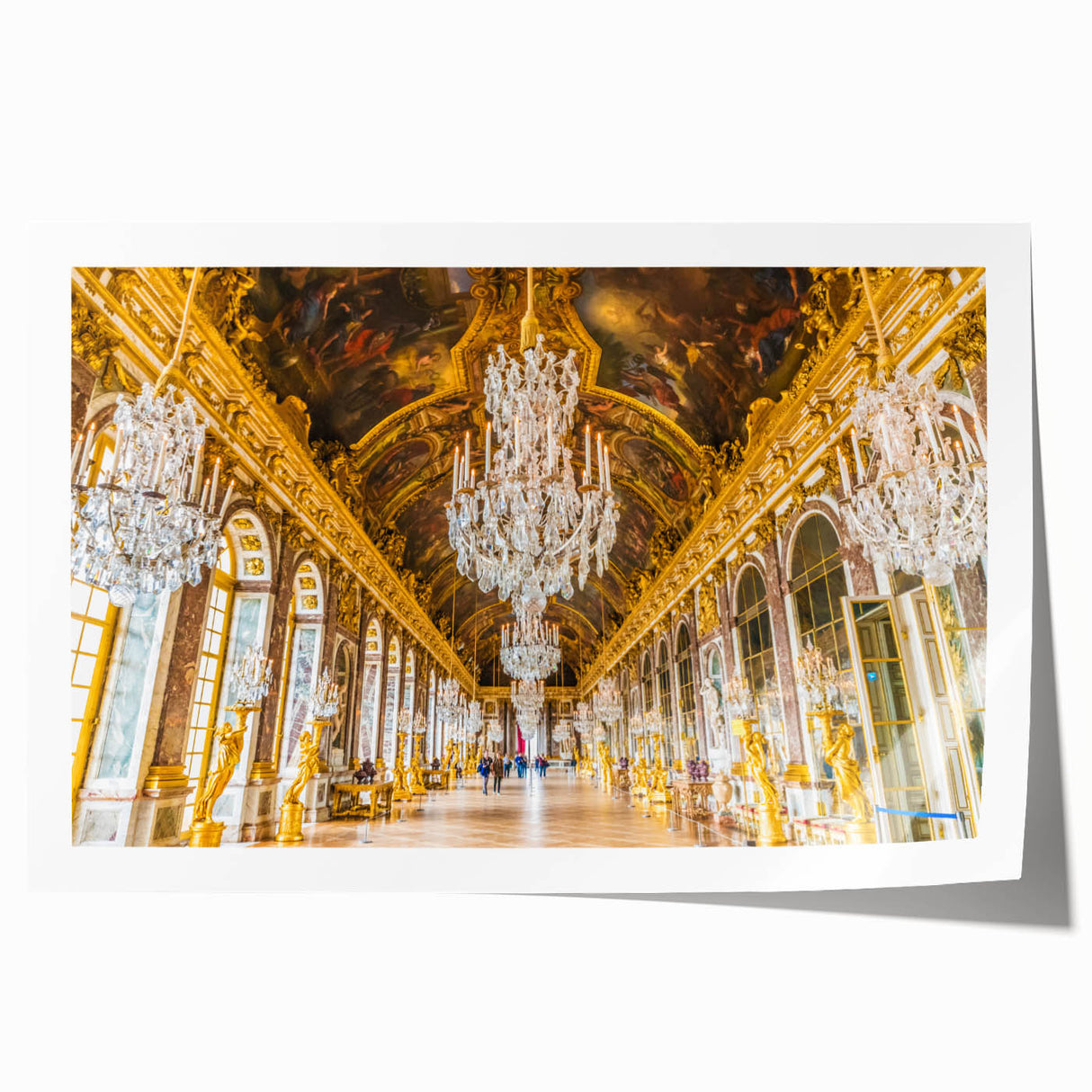 Large rolled canvas print of the Versailles gardens in muted green and earth tones, ideal for art wall dining room.