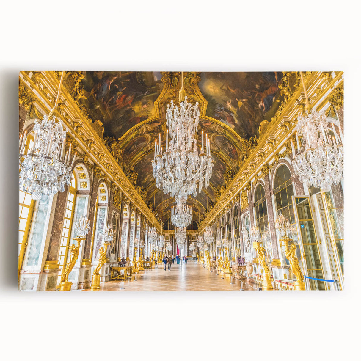 Black and white print of the Versailles Palace on stretched canvas, suitable as kitchen wall art or for a bedroom.