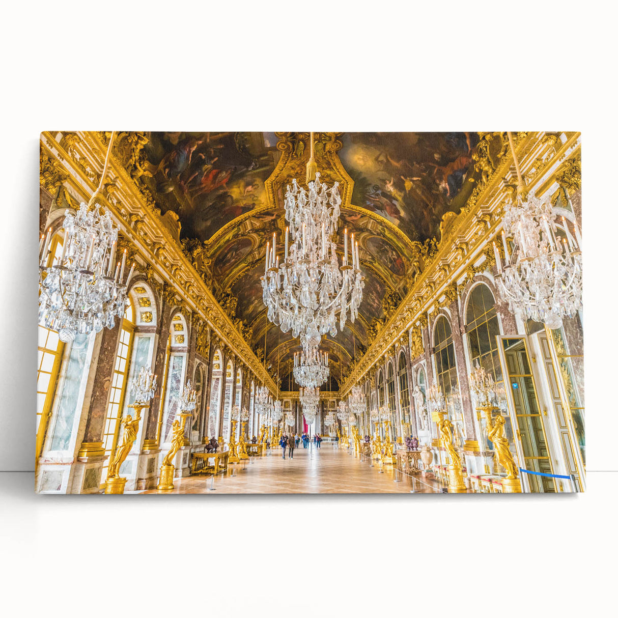 Large black and white print of the Versailles Palace on stretched canvas, suitable for kitchen wall art.