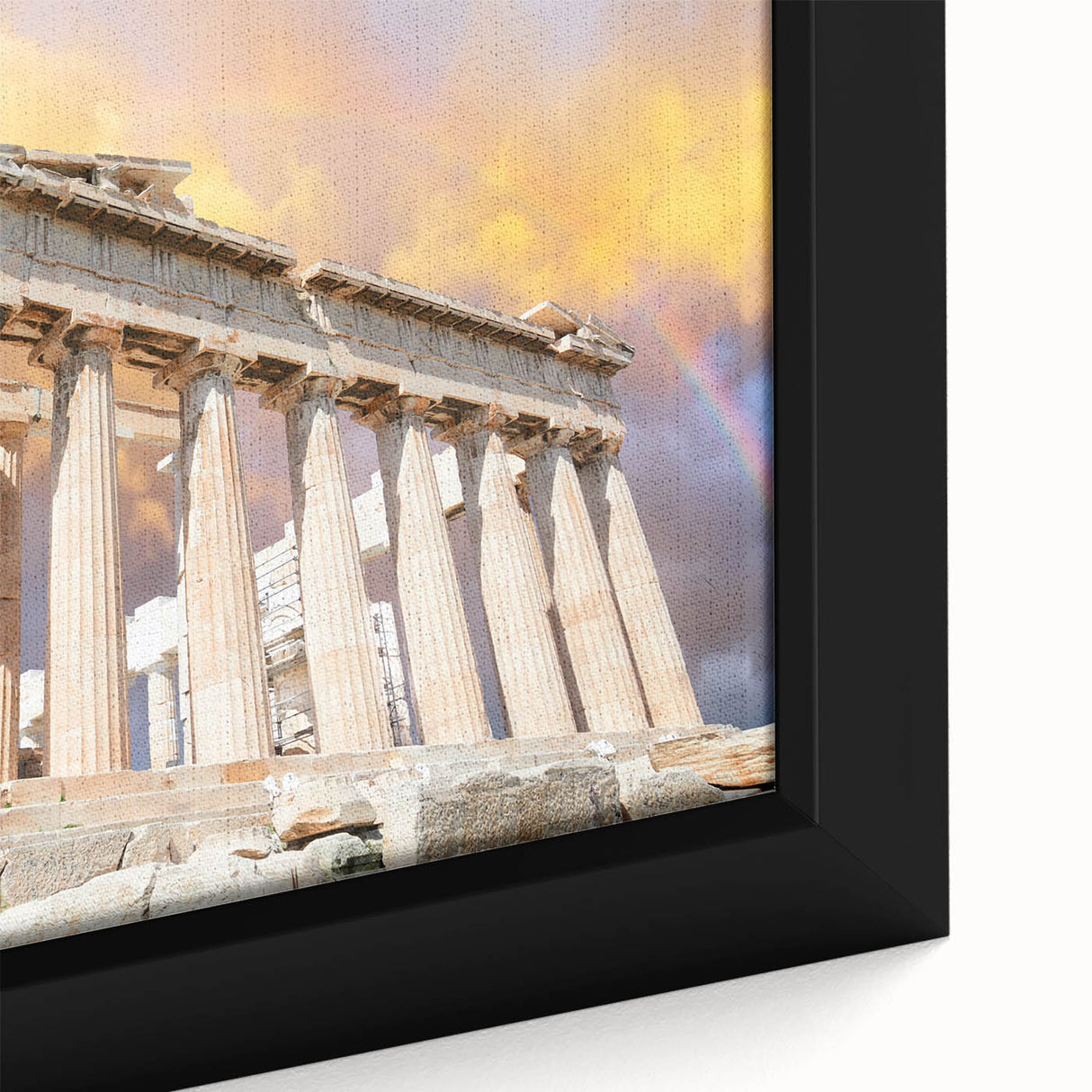 Extra large framed canvas of Athens scene in black with colorful, textured details, suitable for living room decor.