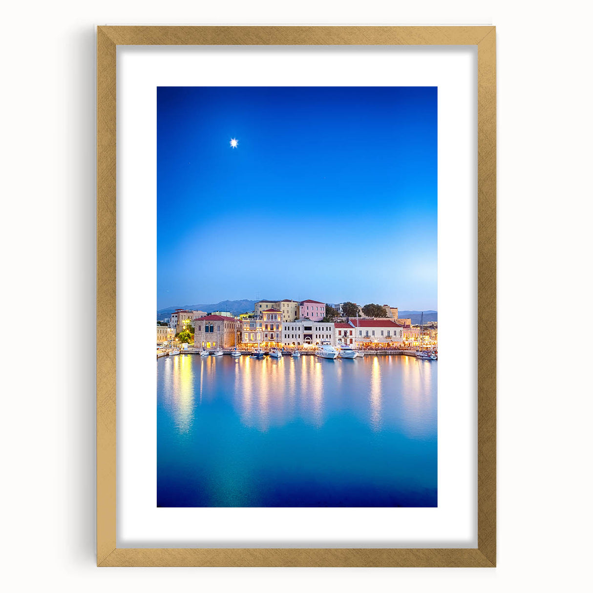 Abstract art print of a Crete, Greece landscape in muted earth tones on a gold-framed canvas, suitable for dining room decor.
