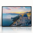 Large abstract wall art of Santorini, Greece in vibrant blue and white tones, framed in black acrylic.