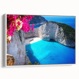 Vintage poster art of a scenic European Greek landscape in vibrant colors on a large framed canvas.