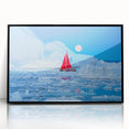 Large abstract wall art depicting a Greenlandic landscape in muted green and blue tones on a framed acrylic.