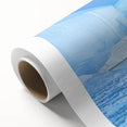 Art Deco style poster of Greenland scenery on rolled canvas, featuring muted green and blue tones.