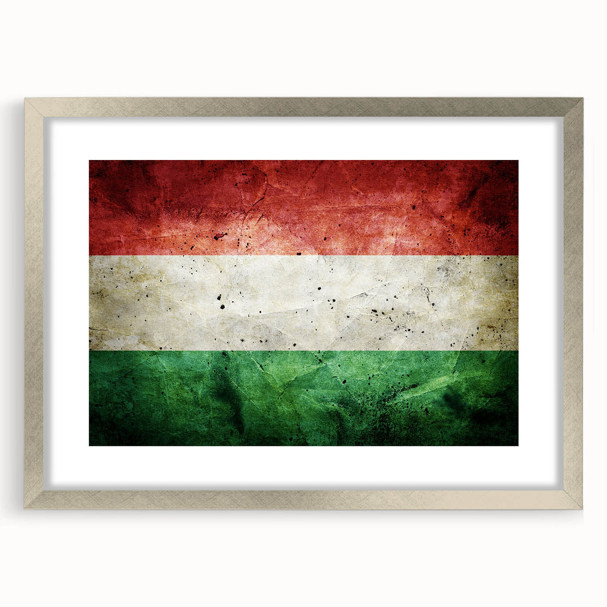 Extra large abstract art print depicting a textured European scenery in muted earth tones on a framed silver mat.