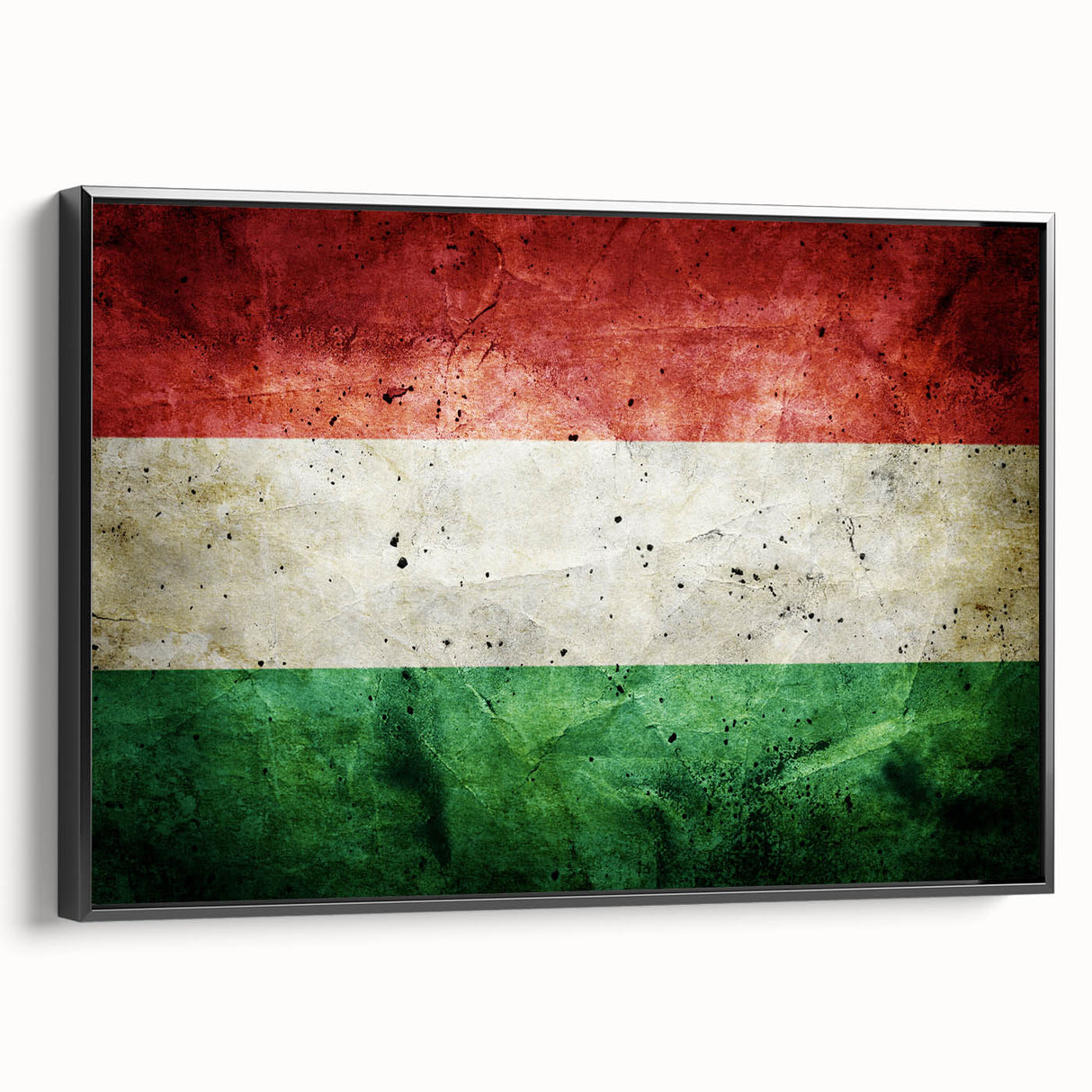 Black and white wall art featuring a vintage poster-style landscape of a Hungarian scenery on framed canvas.