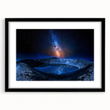 Extra large wall art featuring a colorful abstract print of a textured Icelandic scenery on a black framed canvas.