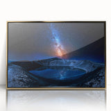 Acrylic print of a serene Icelandic landscape in muted blue and gray tones, framed in gold.