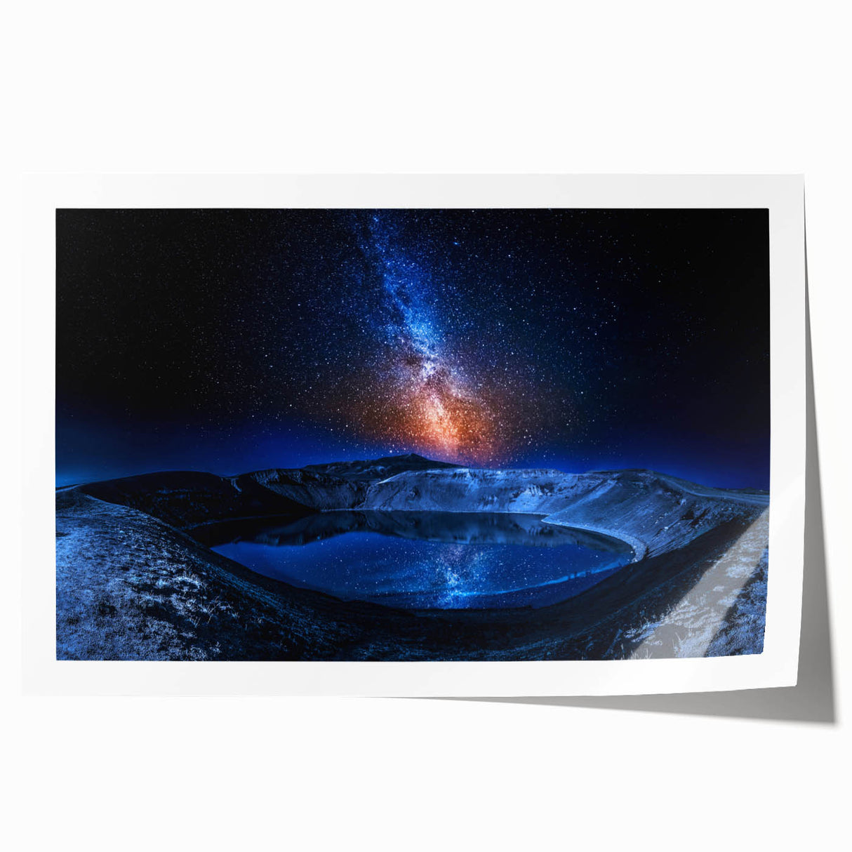 Extra large rolled print of a serene Icelandic landscape in muted green and blue tones, ideal for dining room wall art.